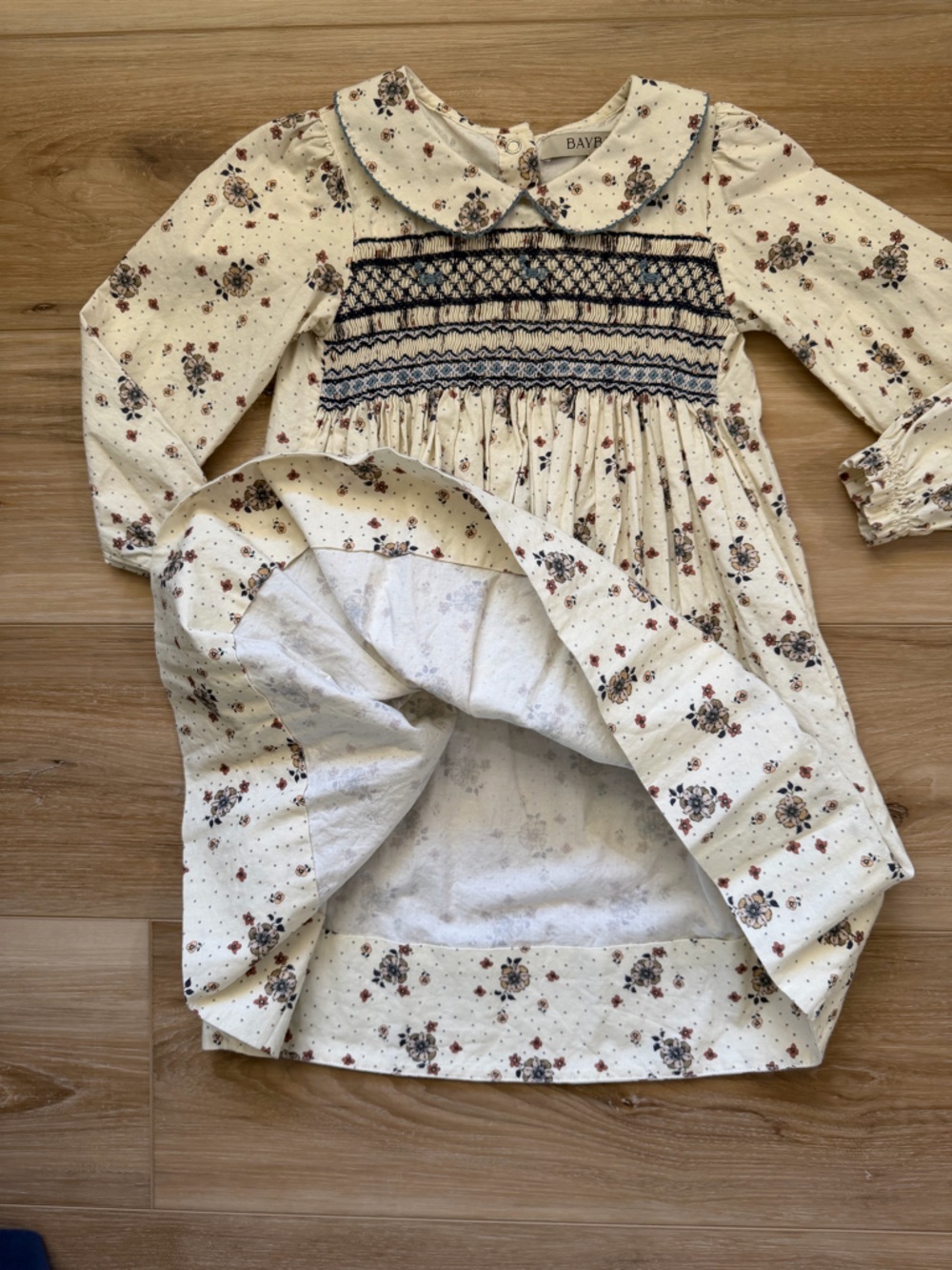 BAYBEE Cream Floral Smocked Long-Sleeve Kids Dress - Picture 6 of 10